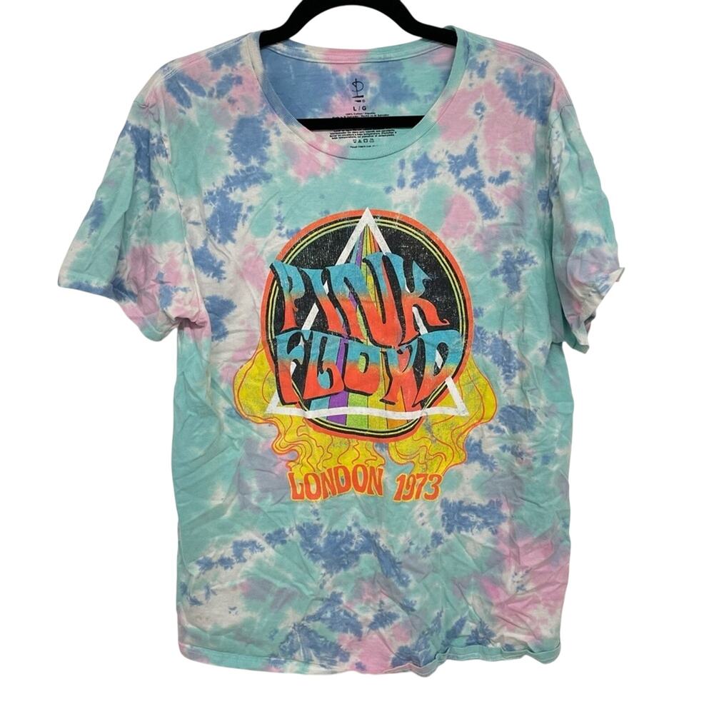 Pink Floyd Blue & Green Tie Dye Short Sleeve Tee Shirt Womens L London 1973 Top